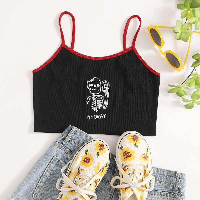 

Skull Embroidery Crop Ringer Cami, Black