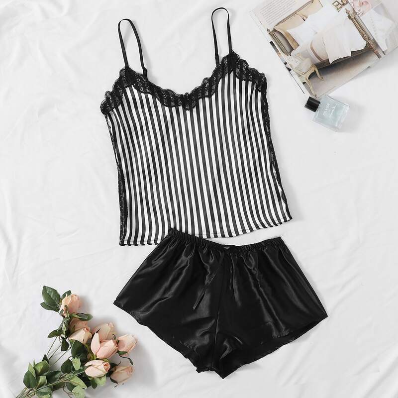 

Stripe Lace Trim Satin PJ Set, Black and white