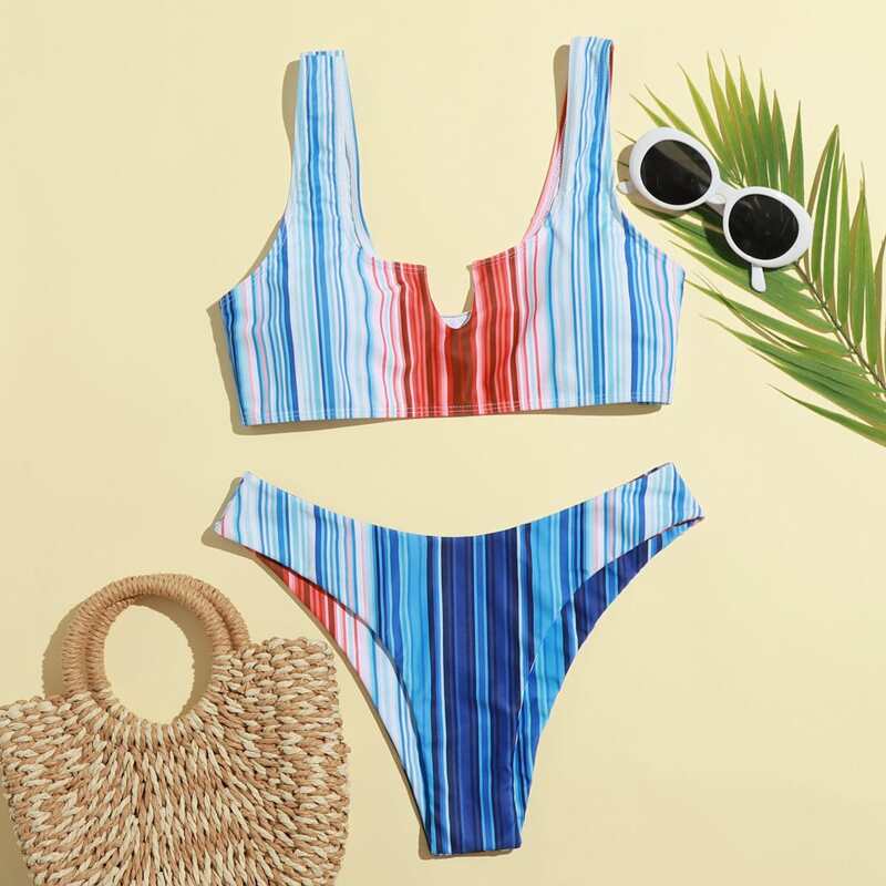 

Stripe High Leg Bikini Swimsuit, Multicolor