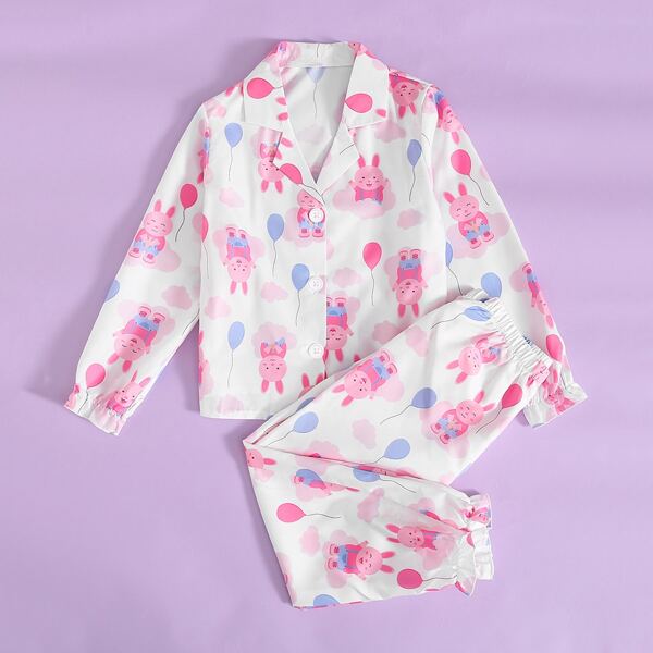 

Toddler Girls Cartoon Graphic Lapel Collar PJ Set, Multicolor