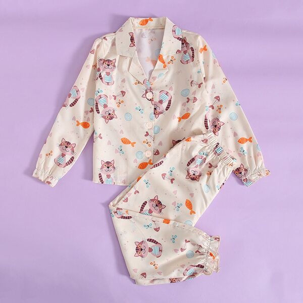 

Toddler Girls Cartoon Graphic Lapel Collar PJ Set, Beige