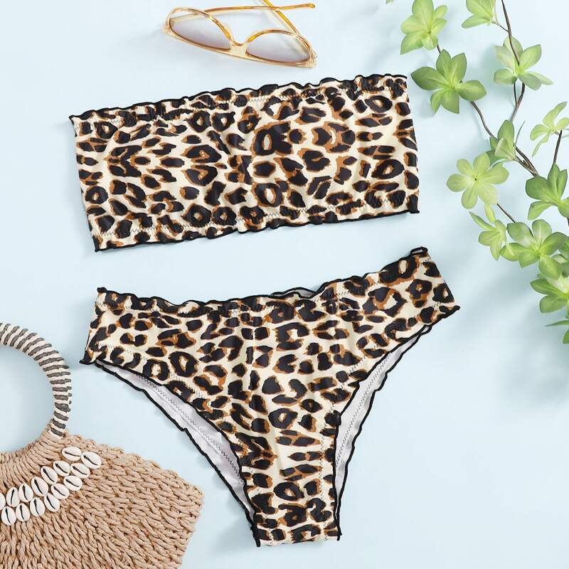 

Leopard Frill Lace-up Back Bikini Swimsuit, Multicolor