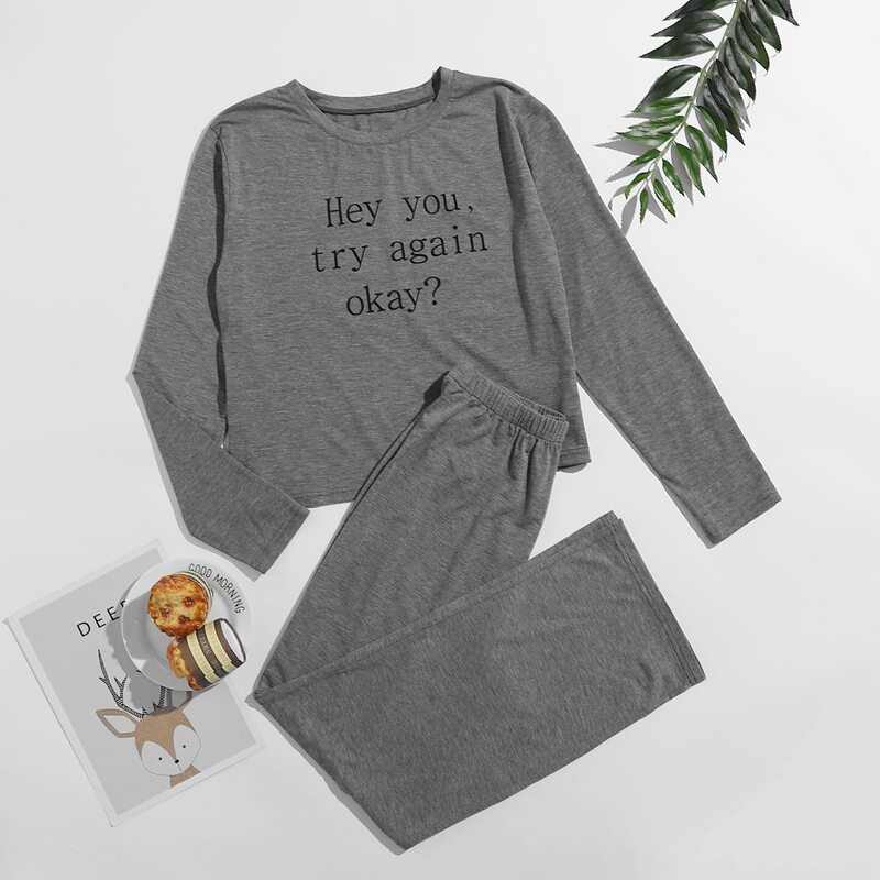 

Slogan Graphic Tee & Pants PJ Set, Grey