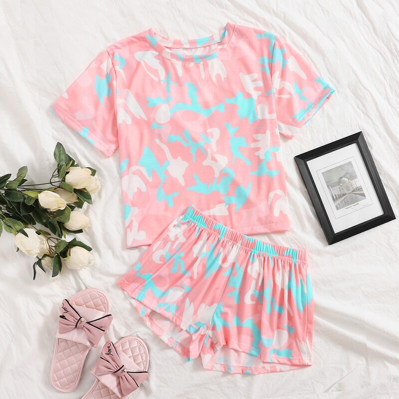 

Allover Print Tee & Shorts PJ Set, Baby pink
