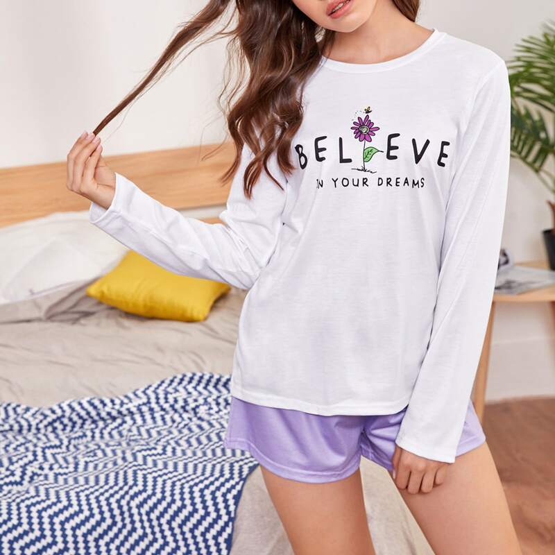 

Floral & Slogan Graphic PJ Set, Multicolor