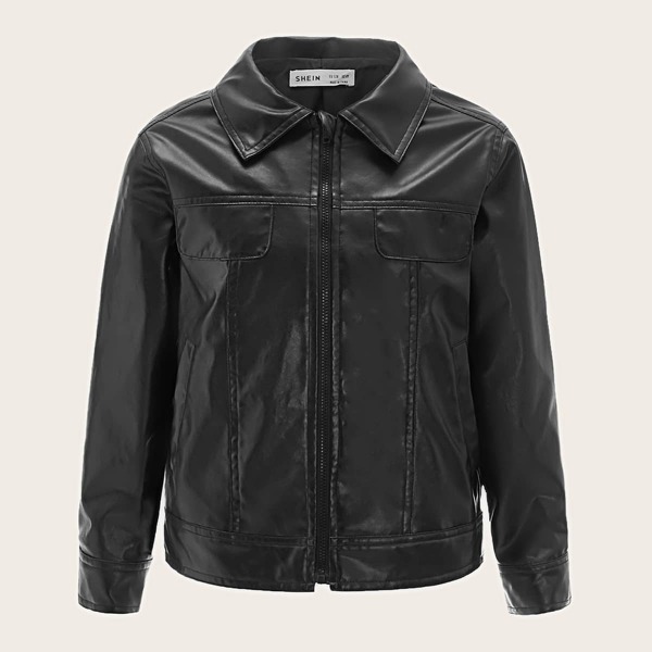 

Boys Zipper Placket PU Jacket, Black