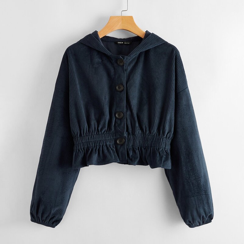 

Buttoned Front Ruffle Hem Cord Hooded Jacket, Navy blue
