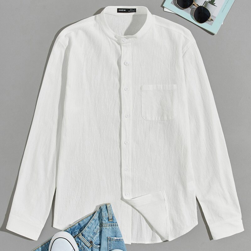 

Men Mock Neck Patch Pocket Solid Shirt, White