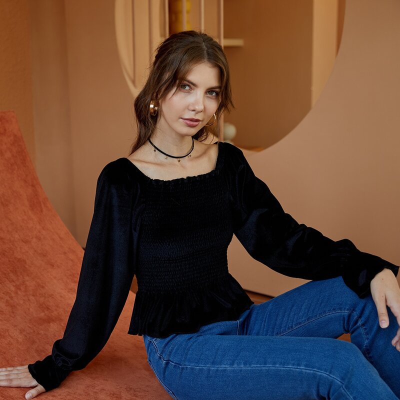 

Shirred Velvet Peplum Top, Black