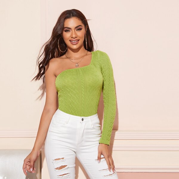 

One Shoulder Cable Knit Fitted Top, Lime green