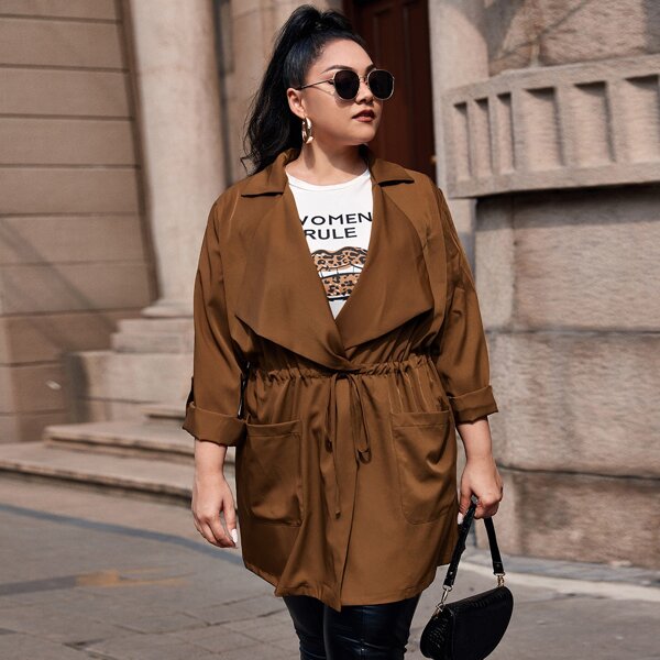 

Plus Drawstring Waist Double Pocket Coat, Brown