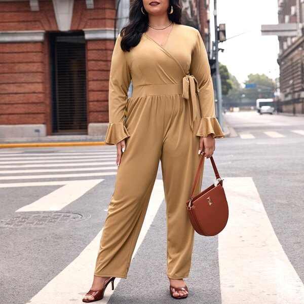 

Plus Surplice Front Knot Side Jumpsuit, Khaki