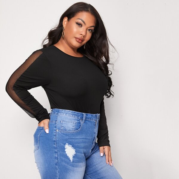 

Plus Fishnet Panel Long Sleeve Tee, Black