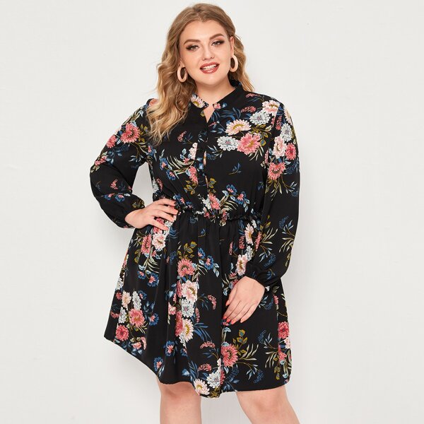 

Plus Notch Neck Floral Print A-line Dress, Multicolor