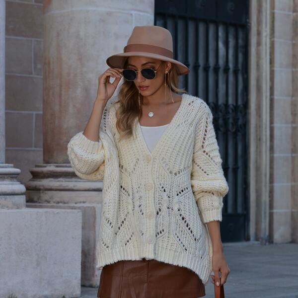 

Button Front Open Knit Cardigan, Beige
