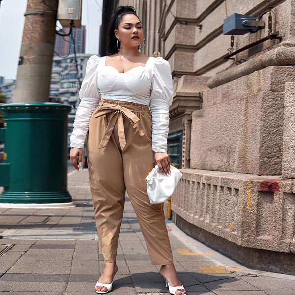 

Plus Paper Bag Waist Belted Pants, Camel