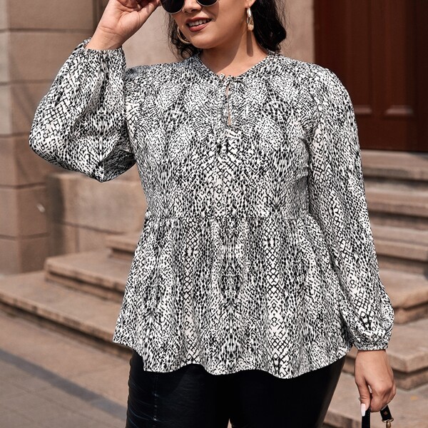 

Plus Snakeskin Print Tie Neck Peplum Blouse, Black and white