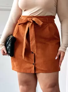 SHEIN Essnce Plus Solid Belted Button Through Corduroy Skirt - Ginger - View 1