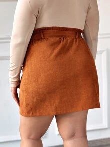 SHEIN Essnce Plus Solid Belted Button Through Corduroy Skirt - Ginger - View 2
