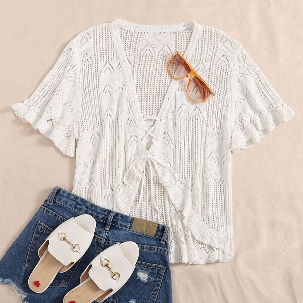 

Plus Pointelle Knit Lace-up Front Cardigan, White