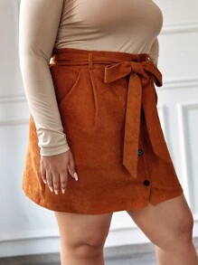 SHEIN Essnce Plus Solid Belted Button Through Corduroy Skirt - Ginger - View 5