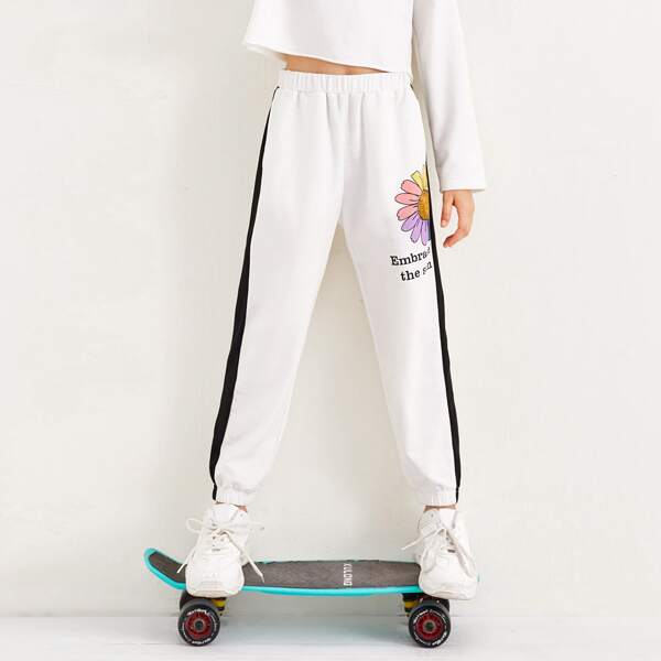 

Girls Contrast Side Floral & Slogan Print Pants, White