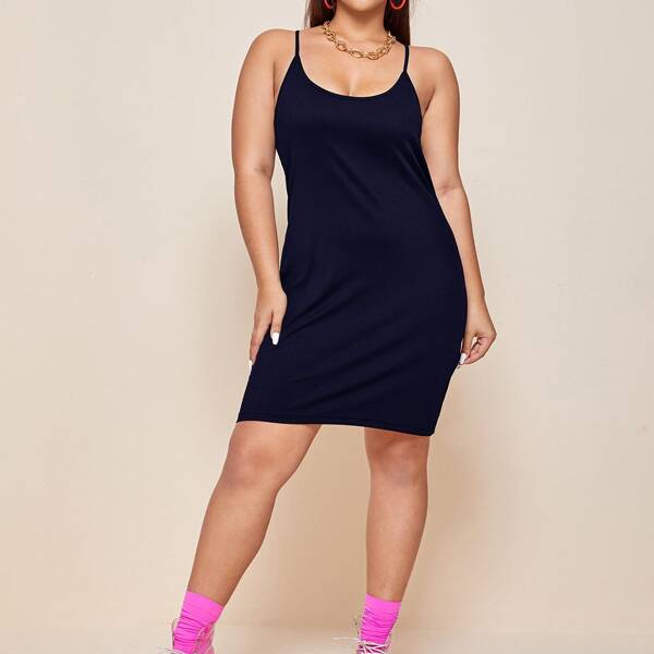 

Plus Solid Strappy Bodycon Dress, Navy blue