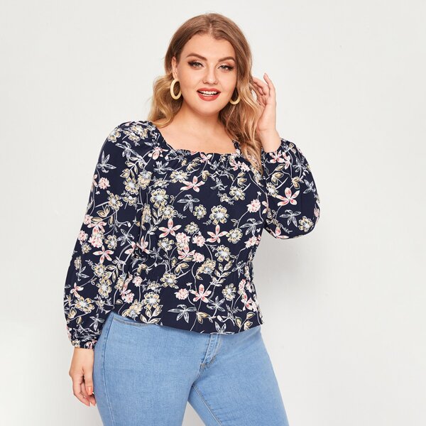 

Plus Square Neck Floral Print Peplum Blouse, Multicolor