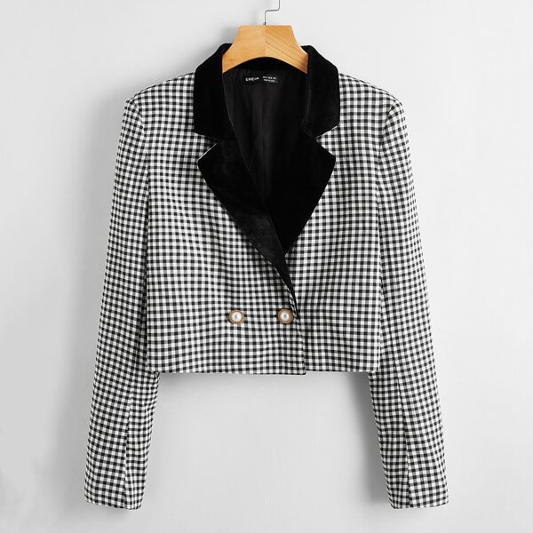 

Velvet Notch Collar Double Button Houndstooth Crop Blazer, Black and white
