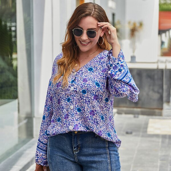 

Plus Floral & Tribal Print Button Front Blouse, Multicolor