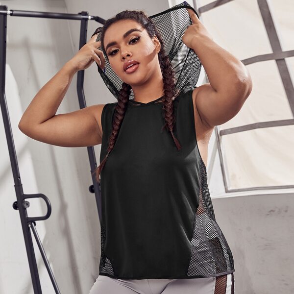 

Plus Fishnet Panel Hooded Sports Tank Top, Black