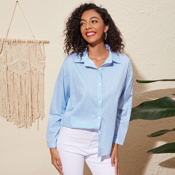 

Vertical Striped High Low Button Up Blouse, Baby blue