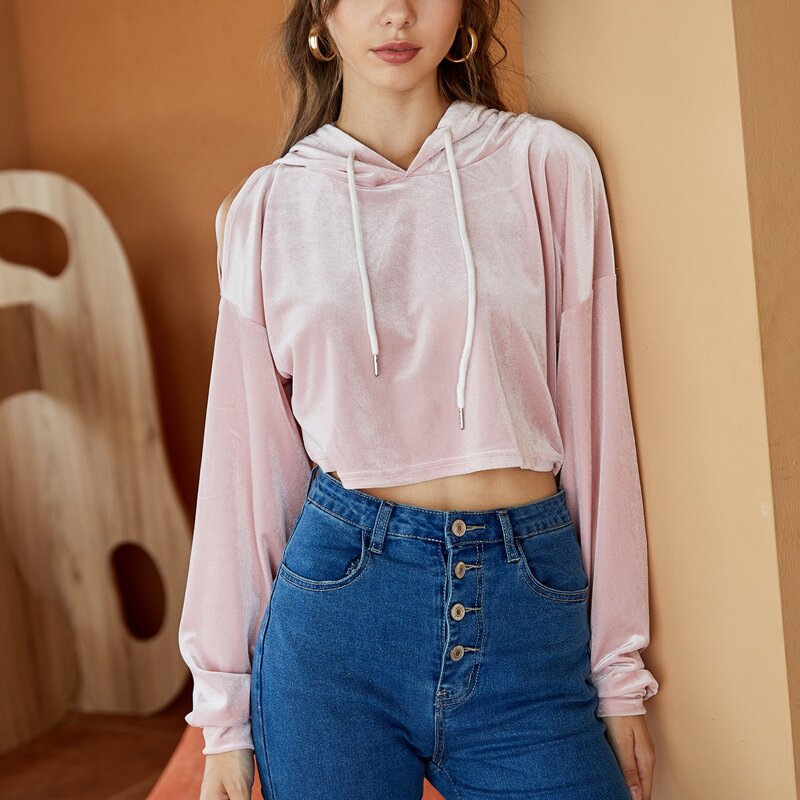 

Velvet Drop Shoulder Hoodie, Baby pink