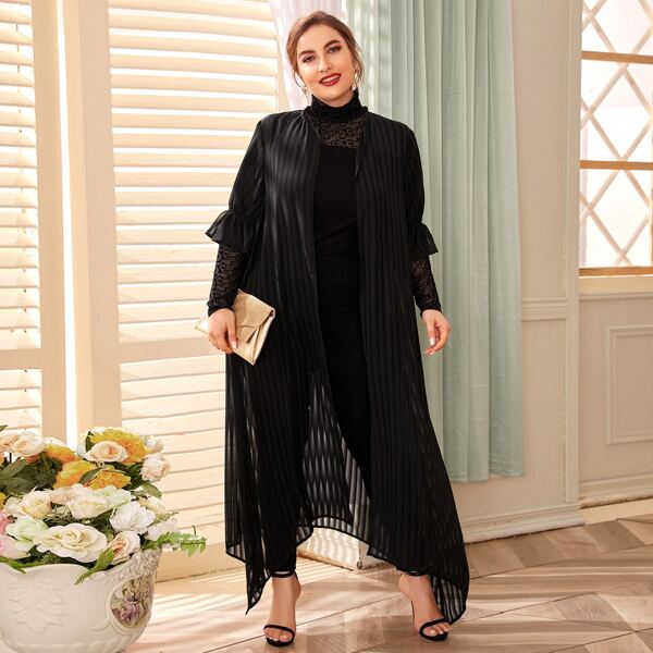 

Plus Flounce Sleeve Hanky Hem Chiffon Kimono, Black