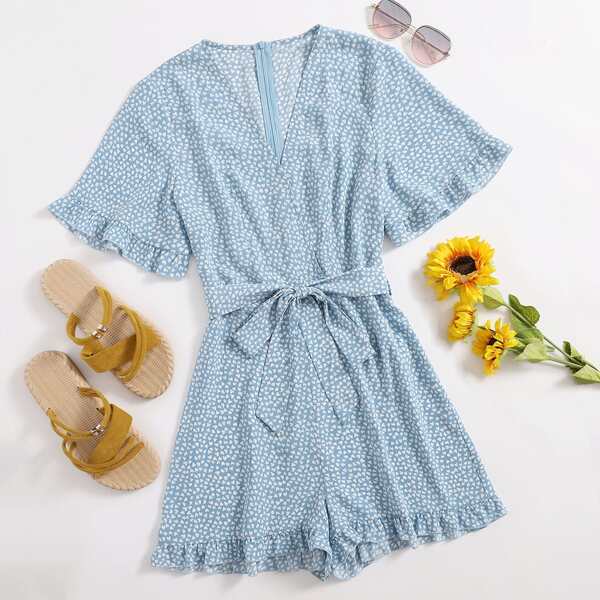 

Confetti Heart Print Ruffle Hem Belted Romper, Baby blue