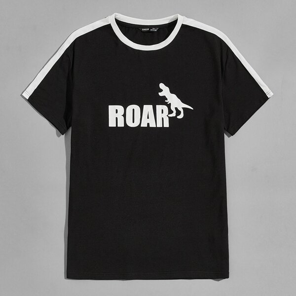 

Men Striped Side Dinosaur & Letter Print Tee, Black