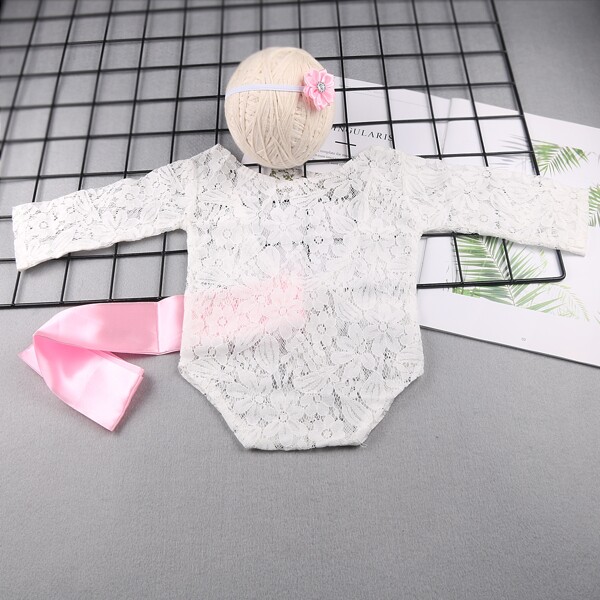 

Newborn Girl Lace Bow Front Bodysuit With Headband Photo Outfit, White