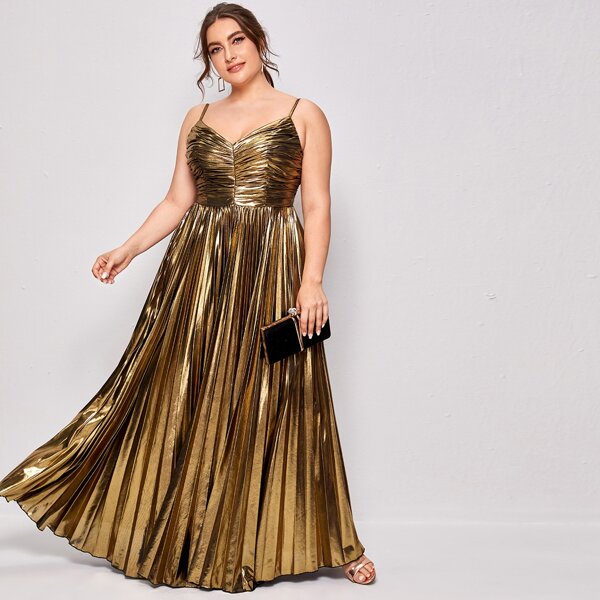 

Plus Metallic Ruched Pleated Maxi Cami Dress, Gold