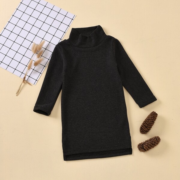 

Toddler Girls High Neck Ribbed Knit Sweater Dress, Dark grey