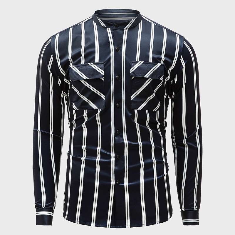 

Men Striped Flap Pocket Shirt, Black and white