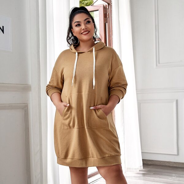 

Plus Solid Kangaroo Pocket Drawstring Hooded Sweatshirt Dress, Camel