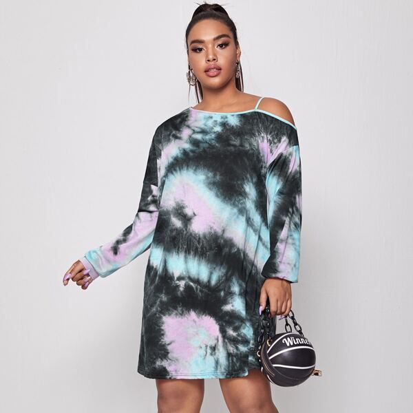 

Plus Tie Dye Asymmetrical Neck Dress, Multicolor