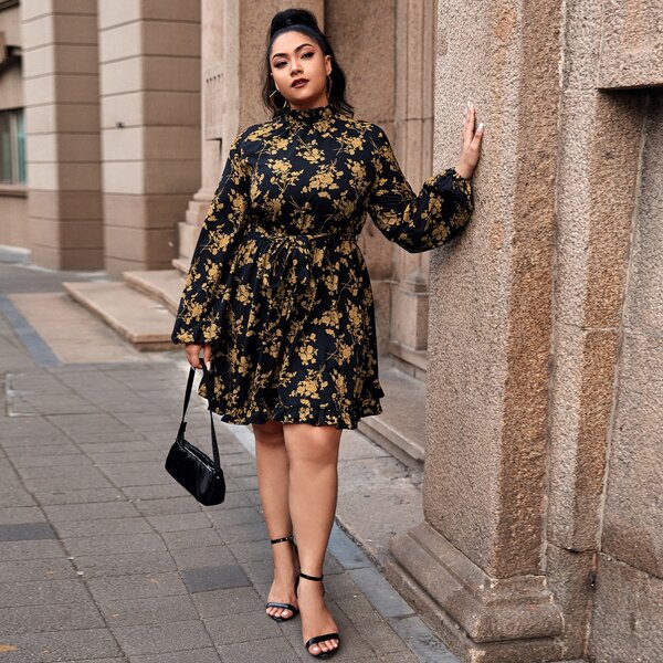 

Plus Frill Mock Neck Lantern Sleeve Belted Floral Dress, Black