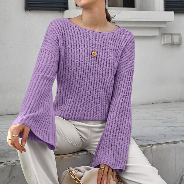 

Flounce Sleeve Solid Sweater, Lilac purple