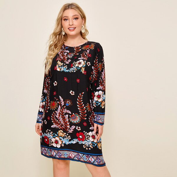 

Plus Keyhole Back Botanical Print Tunic Dress, Black