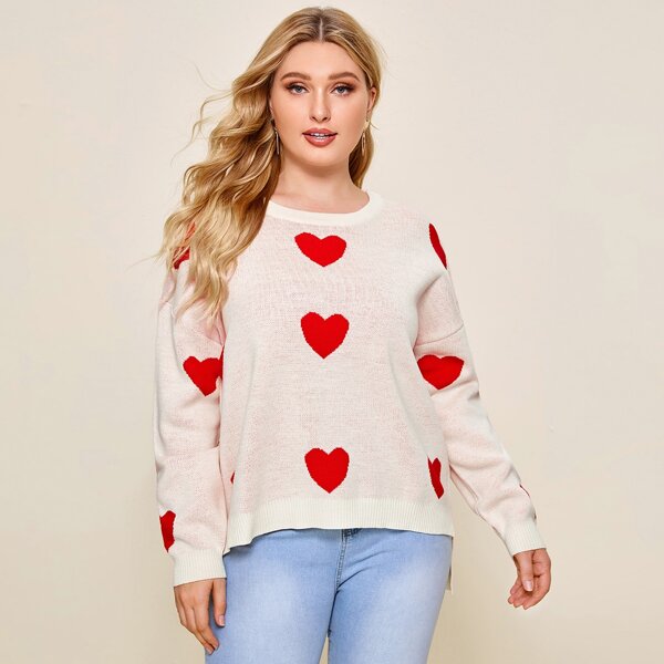 

Plus Drop Shoulder Heart Pattern Sweater, Beige