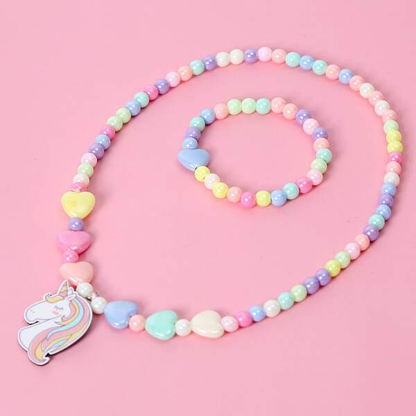 

2pcs Girls Unicorn Decor Beaded Necklace & Bracelet, Multicolor