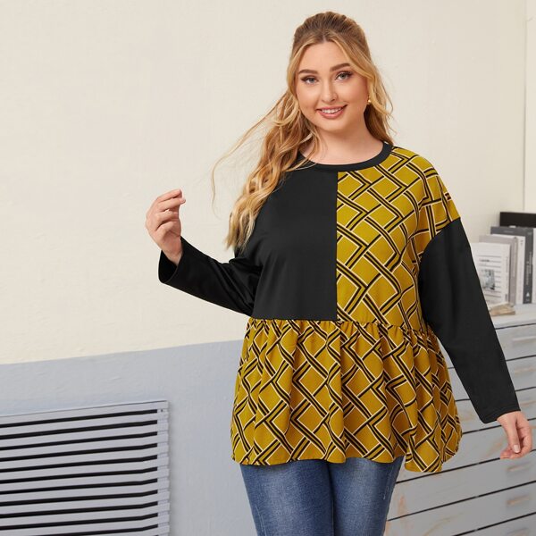 

Plus Geo Print Colorblock Peplum Blouse, Multicolor