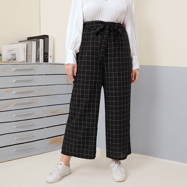 

Plus Windowpane Plaid Belted Wide Leg Pants, Black