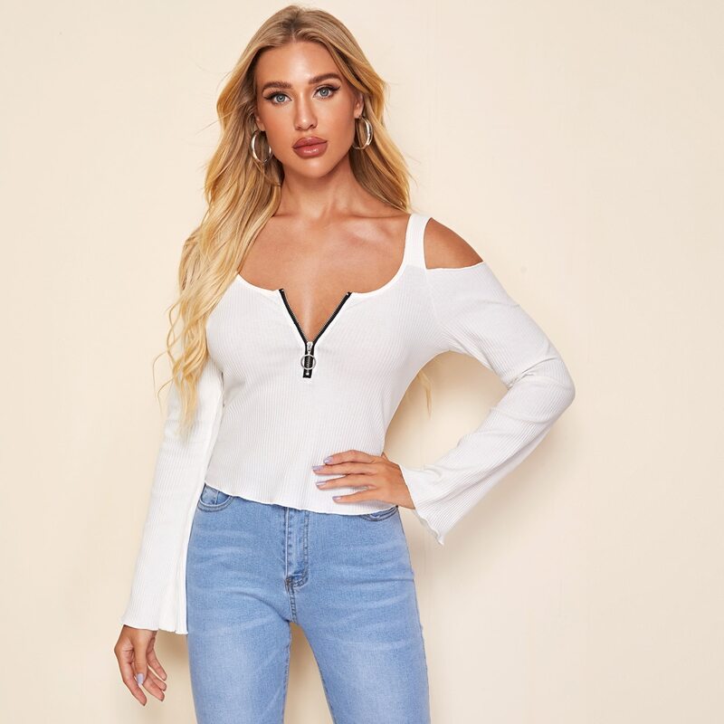 

Half Zip Cold Shoulder Rib-Knit Tee, White